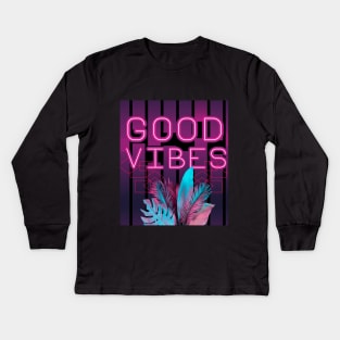 Tropical Summer Neon Good Vibes Aesthetic with Monsteras Palm and Banana Leaves Kids Long Sleeve T-Shirt